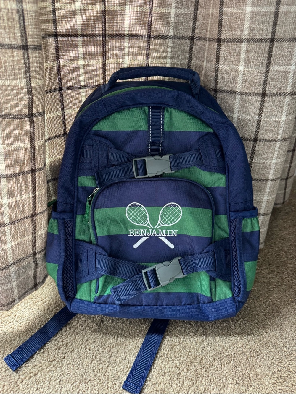 Pottery Barn Kids Navy & Green Striped Backpack with Tennis Graphic
